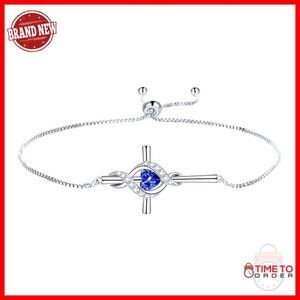 925 Sterling Silver Cross Birthstone Pendant Bracelet with Extension Chain